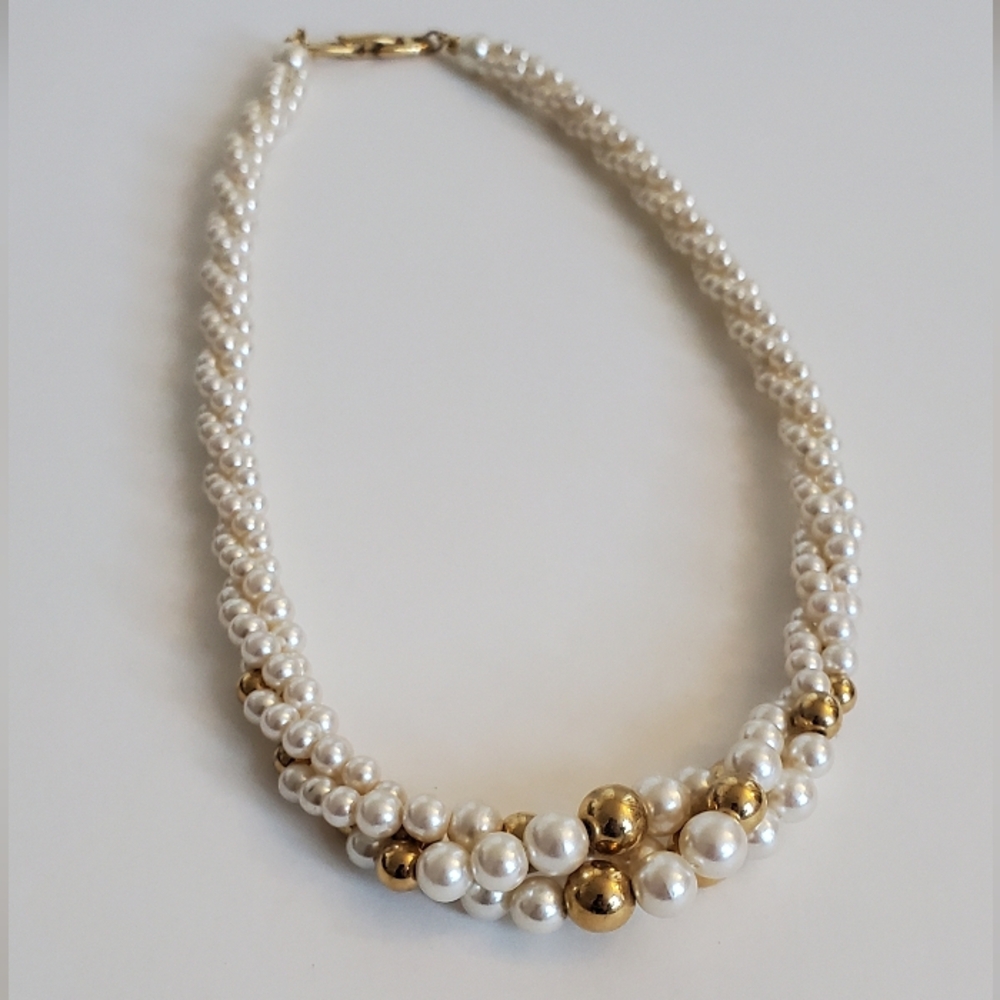 Vintage Napier 3 Strand Twisted Pearl and Gold Necklace